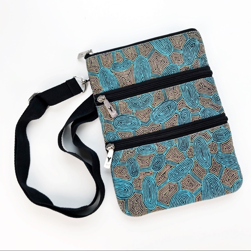 Australian Yijan Aboriginal Crossbody Bag 3 Zip Purse Festival Fabric Boho Blue